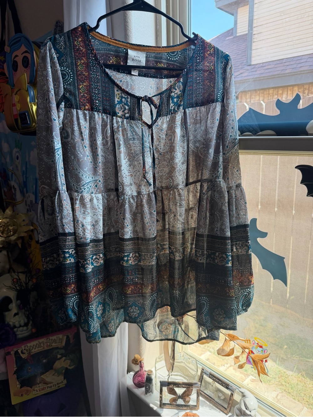 Knox Rose Teal and Cream Paisley print boho Tunic blouse - Picture 6 of 17